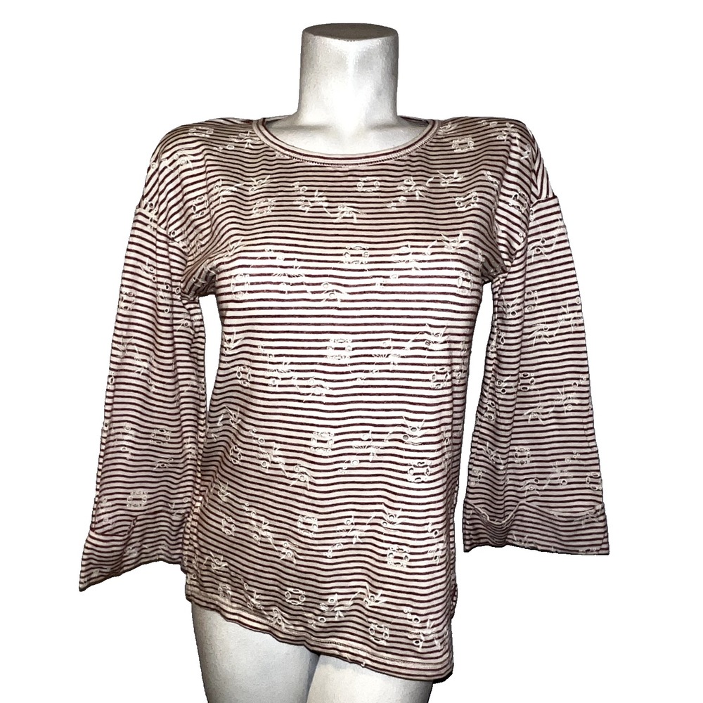 Lucky Brand Womens Striped Eyelet Embroidered Long Sleeve Top Burgundy Cream S